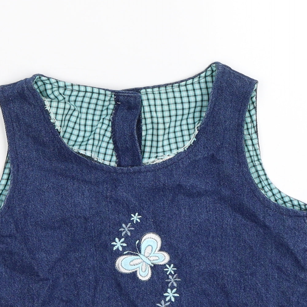 Preworn Girls Blue Floral Denim Pinafore/Dungaree Dress  Size 6-9 Months