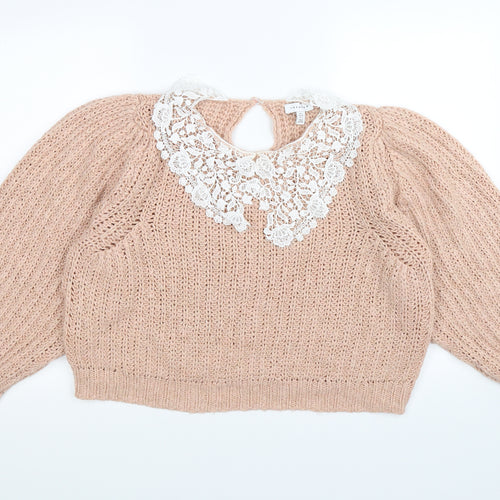 Topshop Womens Pink Floral Knit Pullover Jumper Size 16  - cropped, lace trim