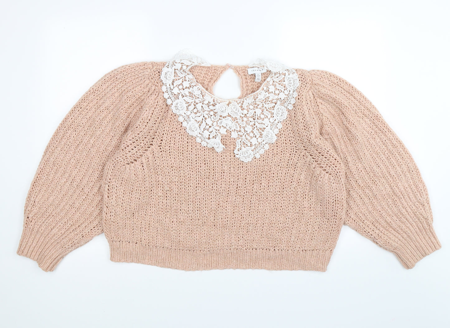 Topshop Womens Pink Floral Knit Pullover Jumper Size 16  - cropped, lace trim