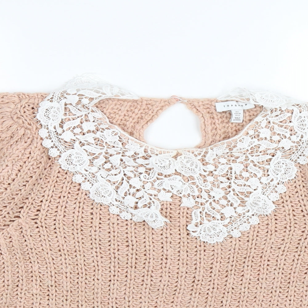 Topshop Womens Pink Floral Knit Pullover Jumper Size 16  - cropped, lace trim