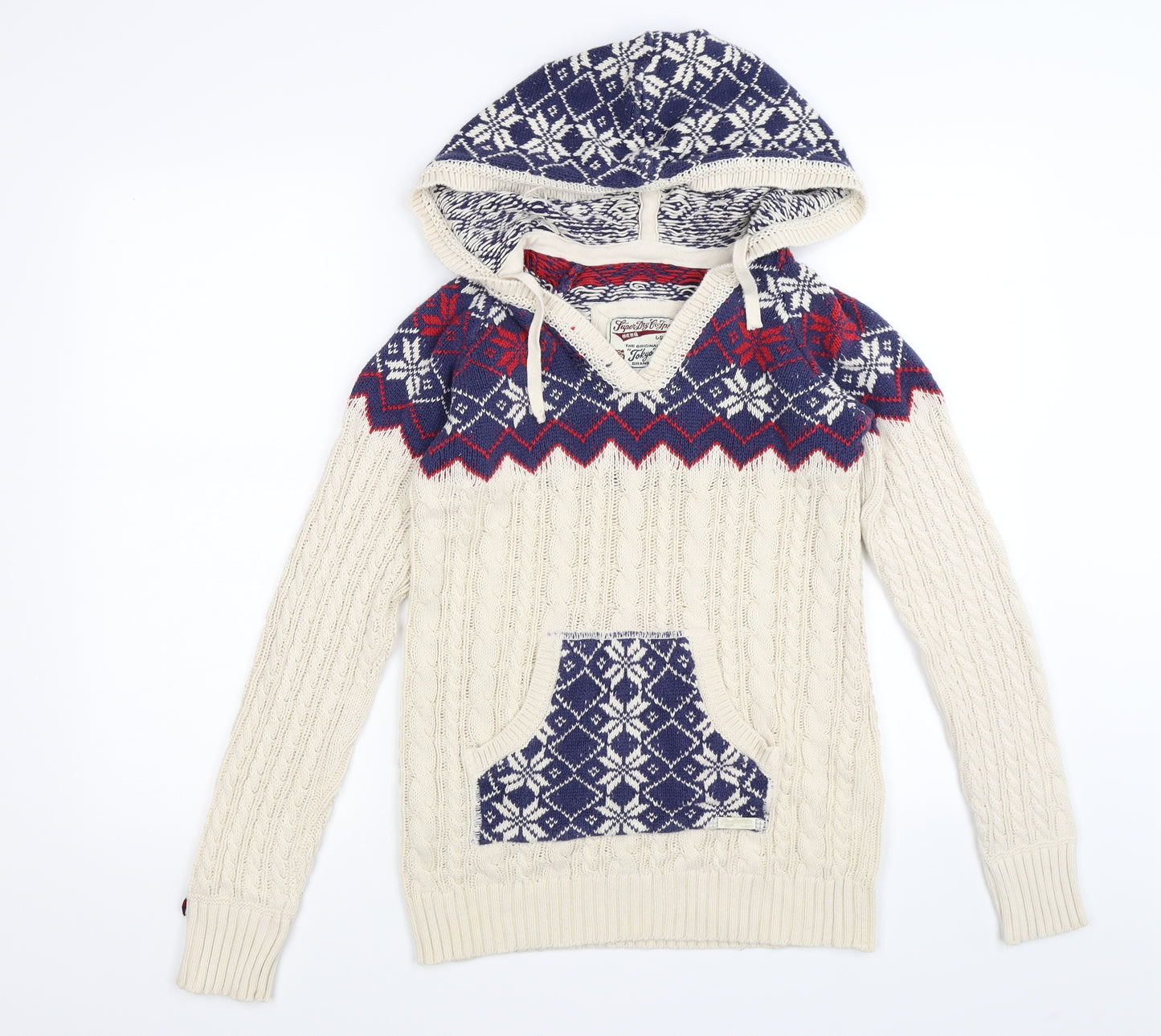 Superdry Mens Beige Argyle/Diamond Knit Pullover Hoodie Size M