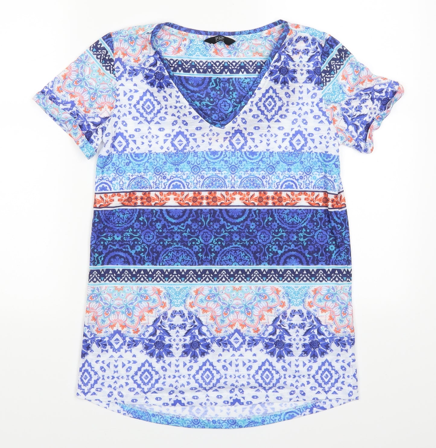 F&F Womens Blue Paisley  Basic T-Shirt Size 8