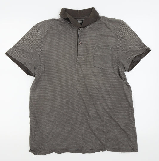 Front view of Burton men’s brown pinstripe polo, size L