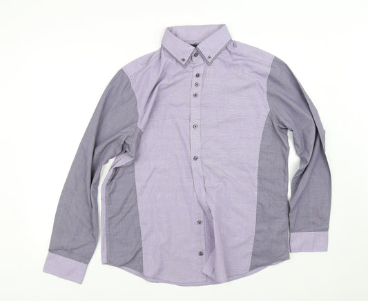Front view of pre worn women’s purple basic button-up, size L