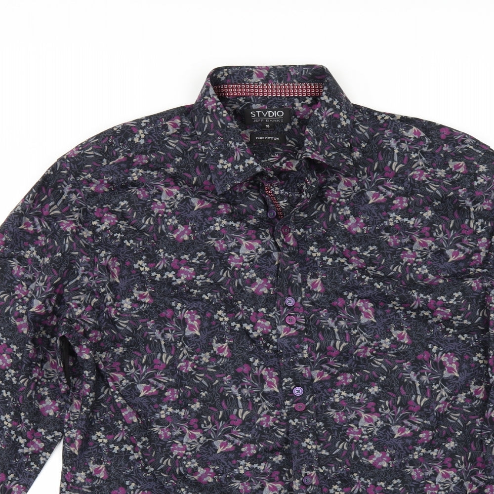 Jeff Banks Mens Blue Floral   Button-Up Size 16