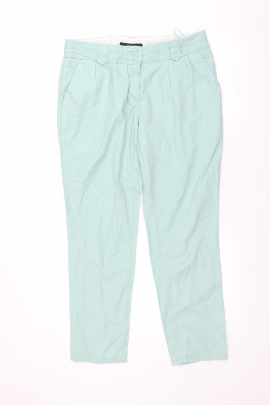 Front view of NEXT women’s green chino trousers, size UK 12, 27-inch leg