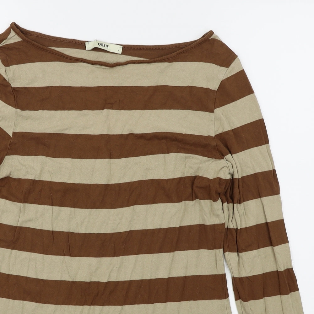 Oasis Womens Brown Striped  Basic T-Shirt Size L