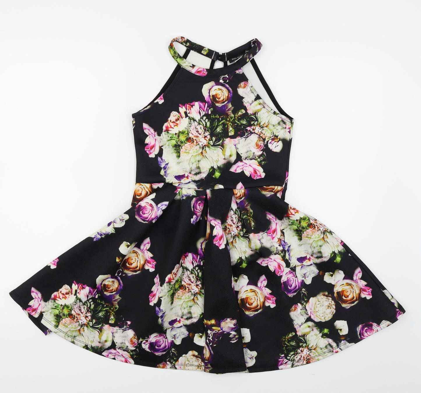 River Island Girls Black Floral  Skater Dress  Size 7-8 Years