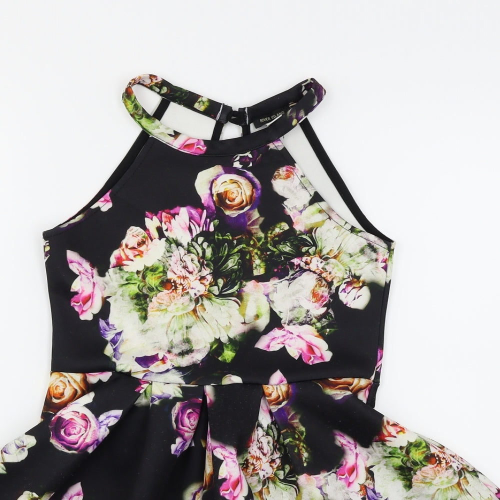 River Island Girls Black Floral  Skater Dress  Size 7-8 Years
