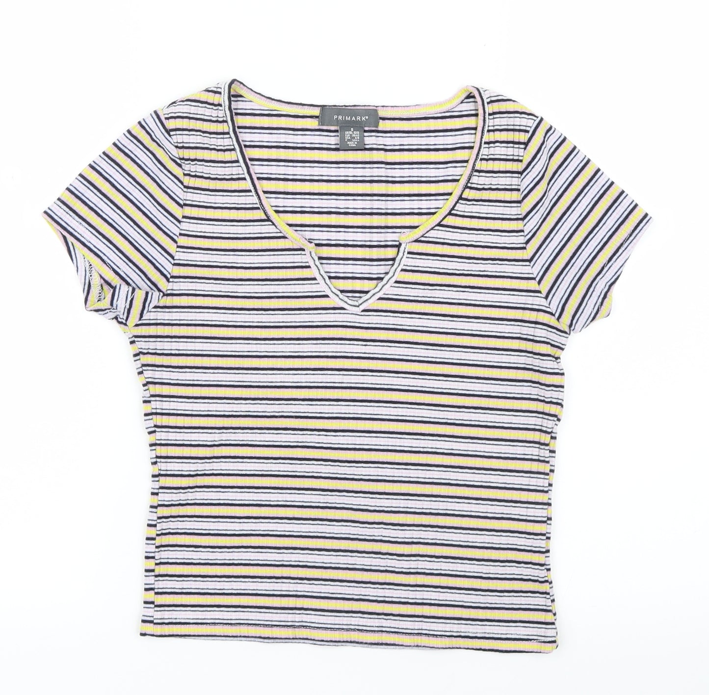 Primark Womens Yellow Striped  Cropped T-Shirt Size 10