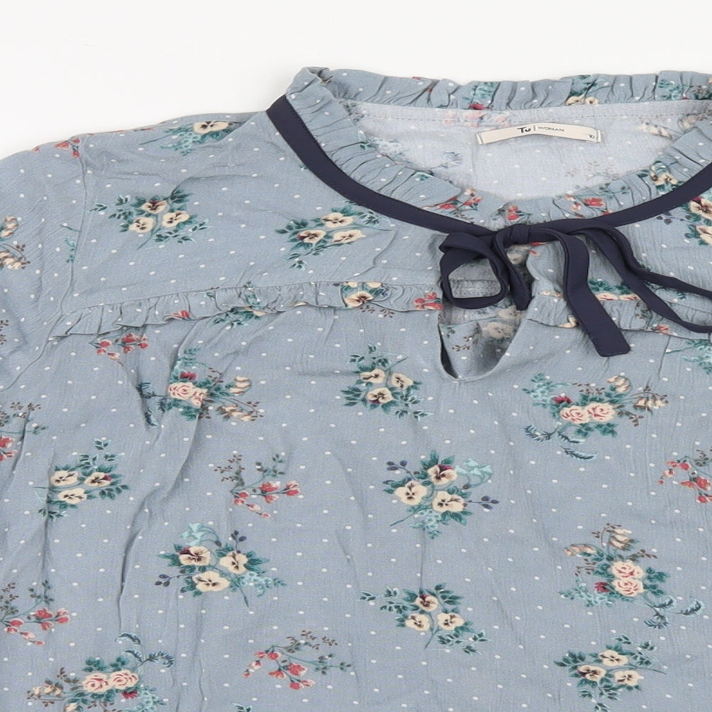 Tu  Womens Blue Floral  Basic Blouse Size 10  - Frill detail