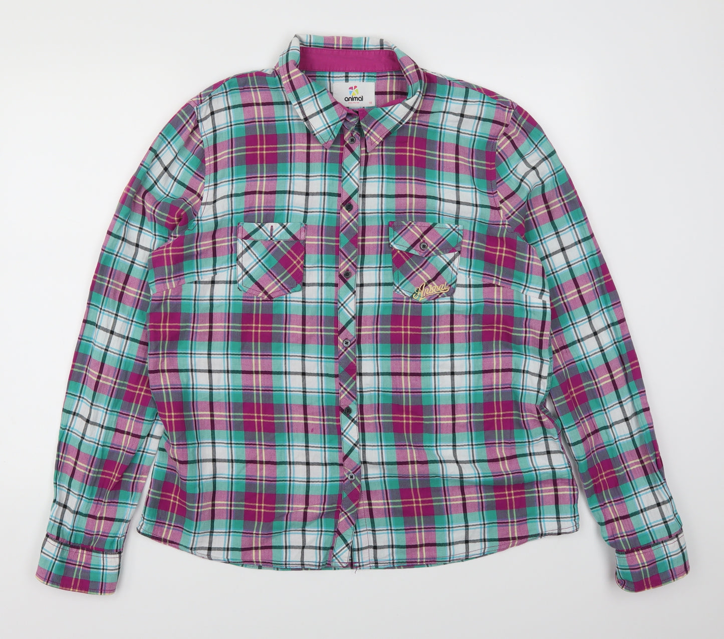 Animal Womens Pink Check Flannel Basic Button-Up Size 18  - Teal