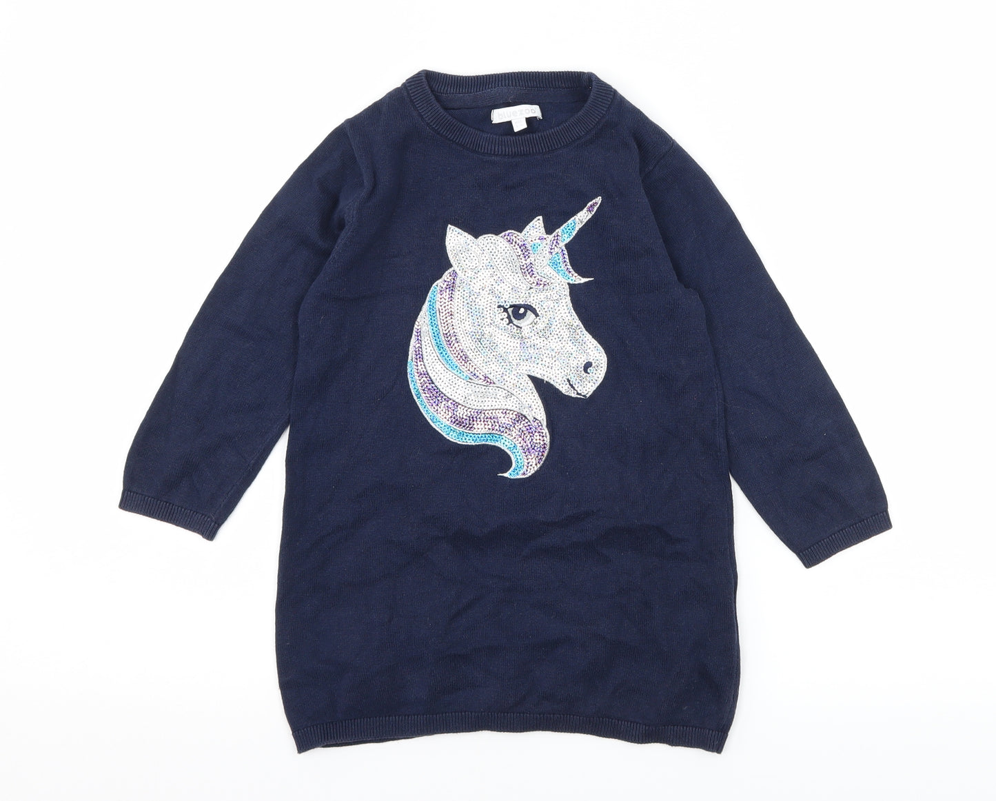 Bluezoo Girls Blue  Knit Jumper Dress  Size 3-4 Years  - Unicorn