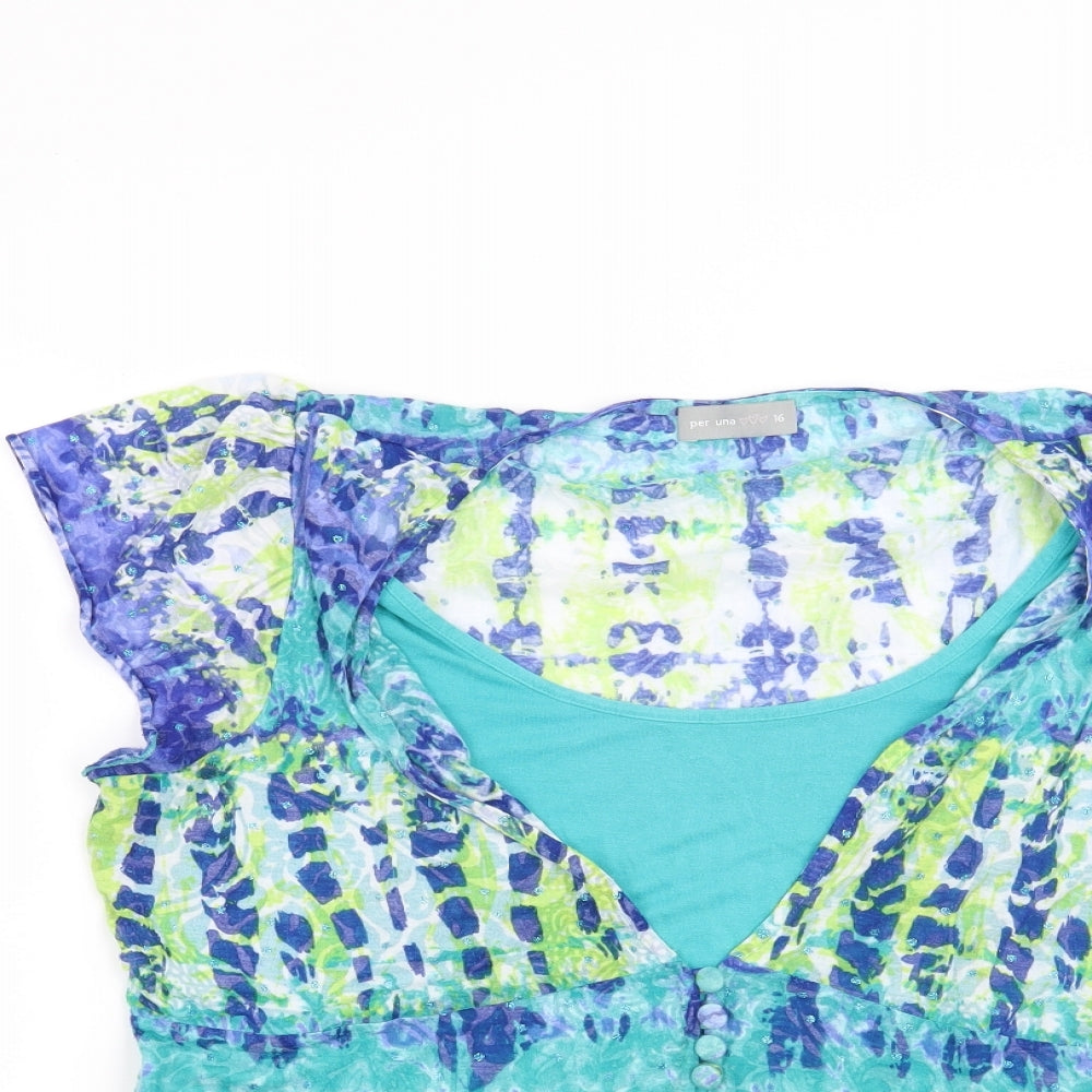 Per Una Womens Blue Geometric  Basic Blouse Size 16