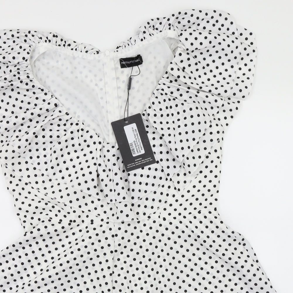 PRETTYLITTLETHING Womens White Polka Dot  Playsuit One-Piece Size 12