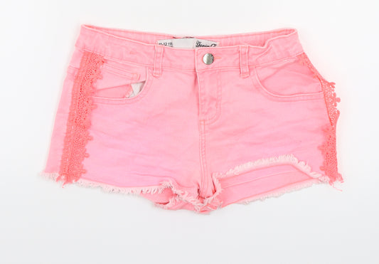 Front view of Denim & Co. girls’ pink batik denim cut-off shorts, size 11-12, years