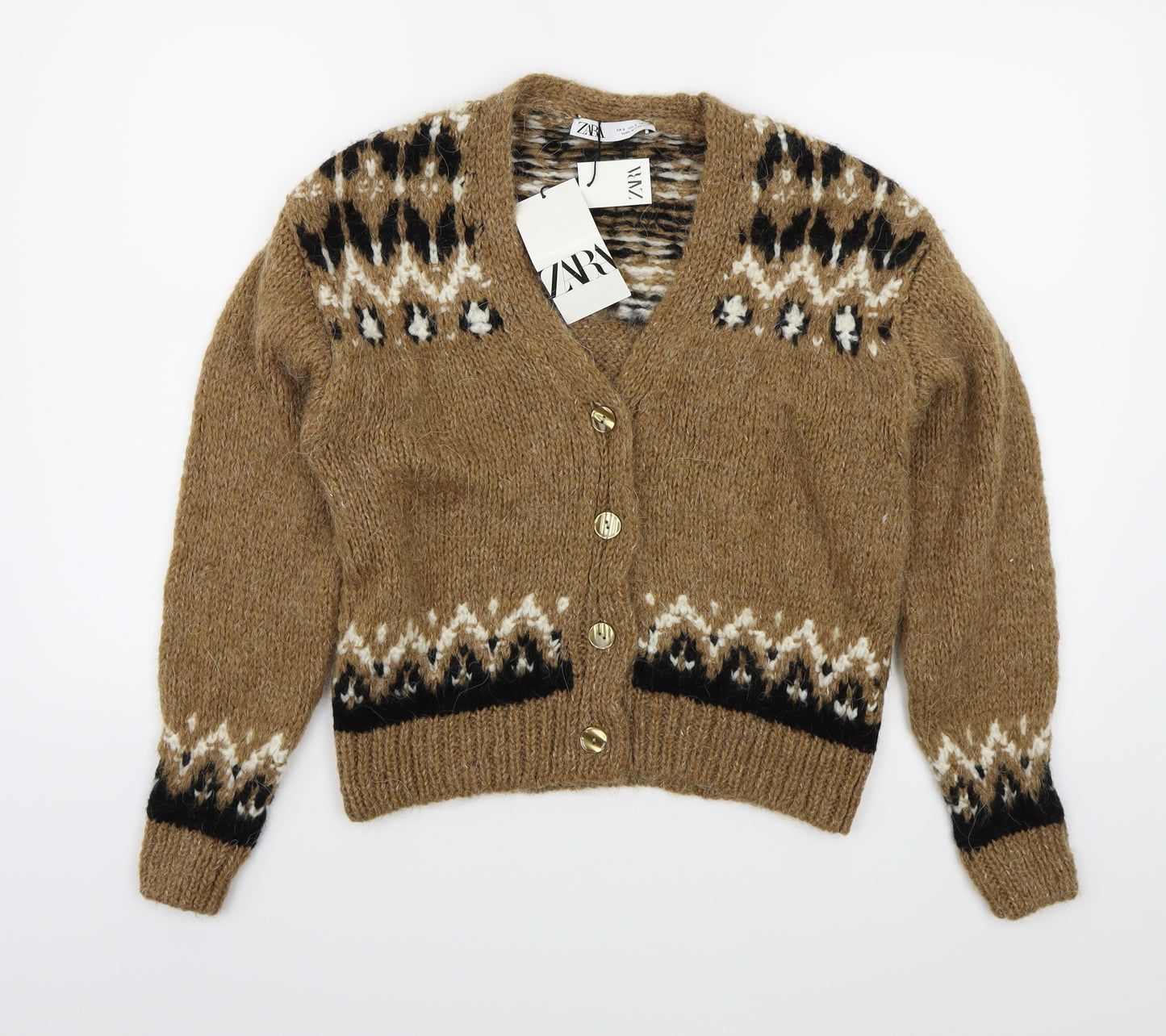 Zara Womens Brown Fair Isle Knit Cardigan Jumper Size S