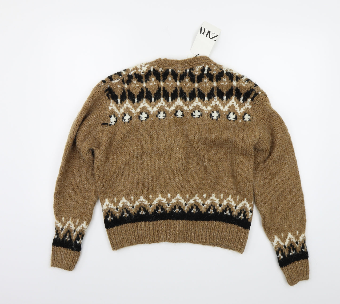 Zara Womens Brown Fair Isle Knit Cardigan Jumper Size S
