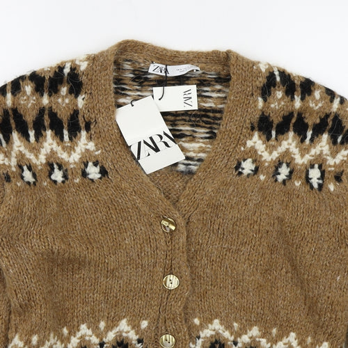 Zara Womens Brown Fair Isle Knit Cardigan Jumper Size S