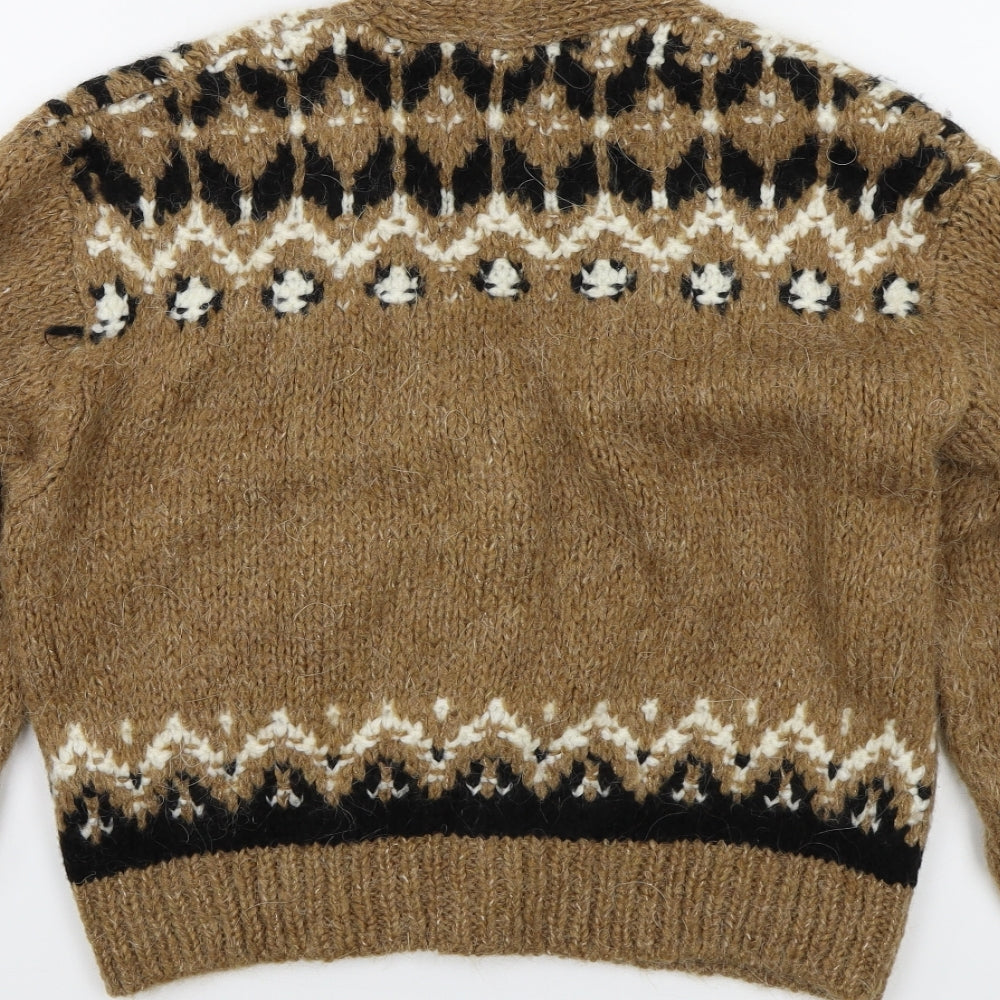 Zara Womens Brown Fair Isle Knit Cardigan Jumper Size S