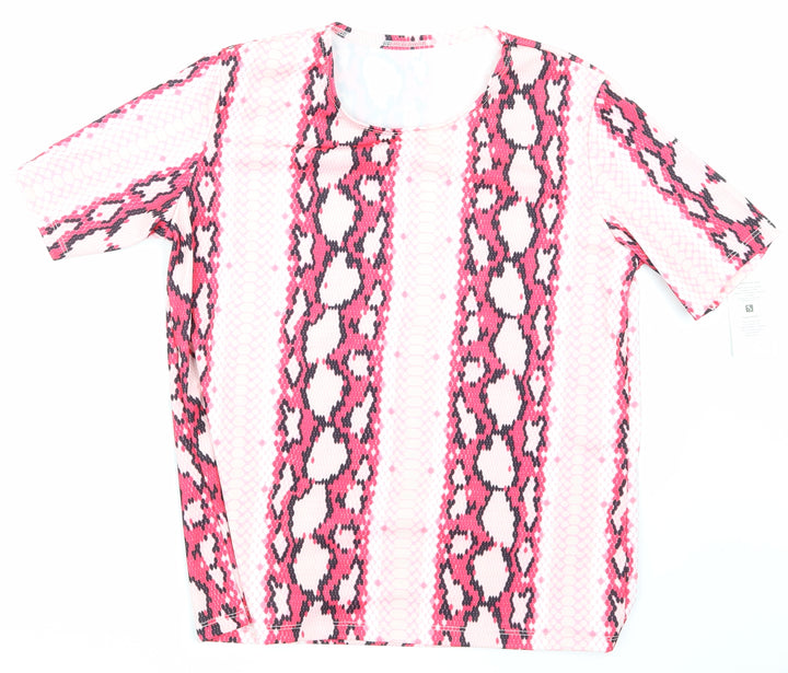 Front view of Moda women’s pink animal print basic t-shirt, size UK 10