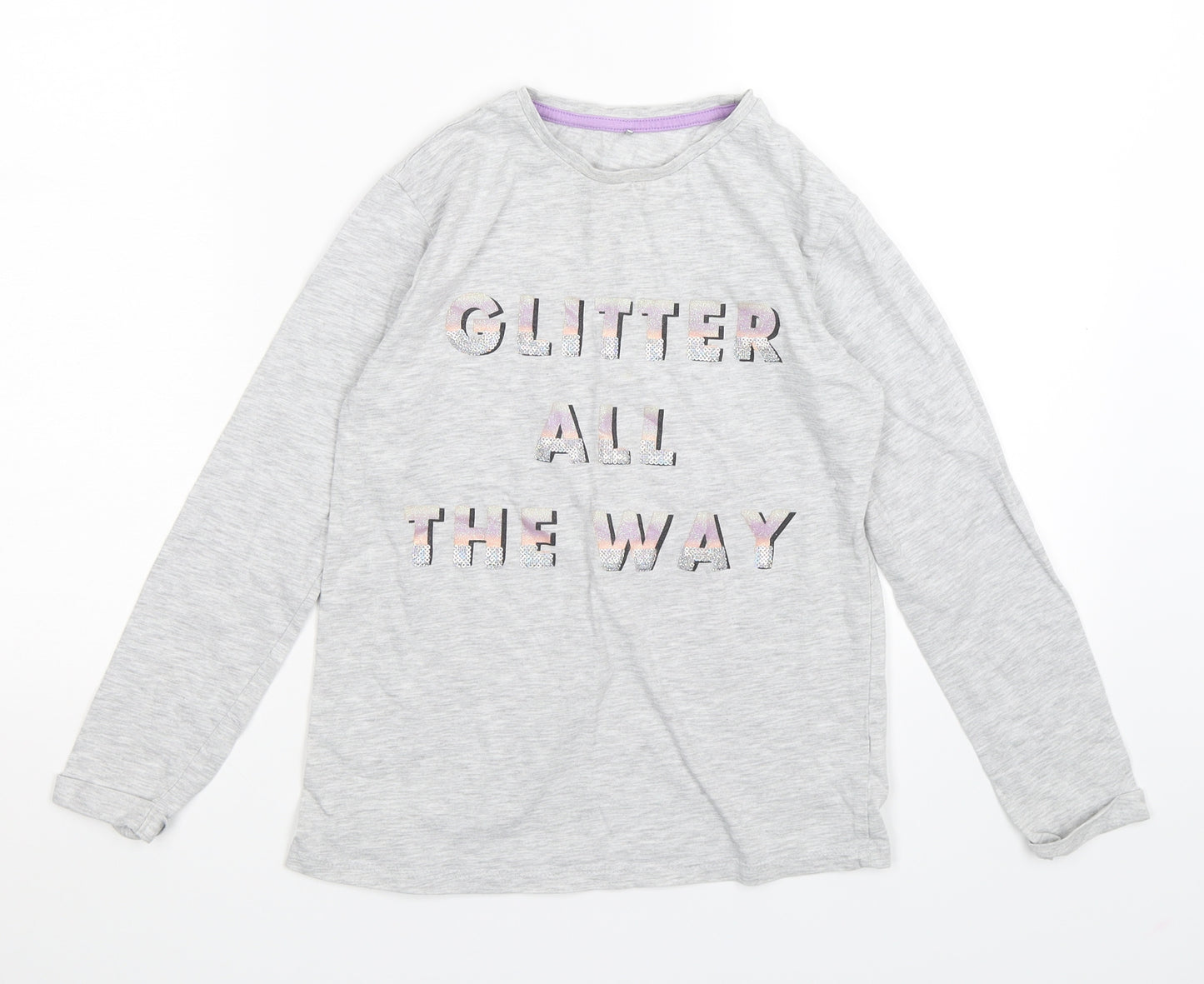 George Girls Grey   Basic T-Shirt Size 9-10 Years  - glitter all the way