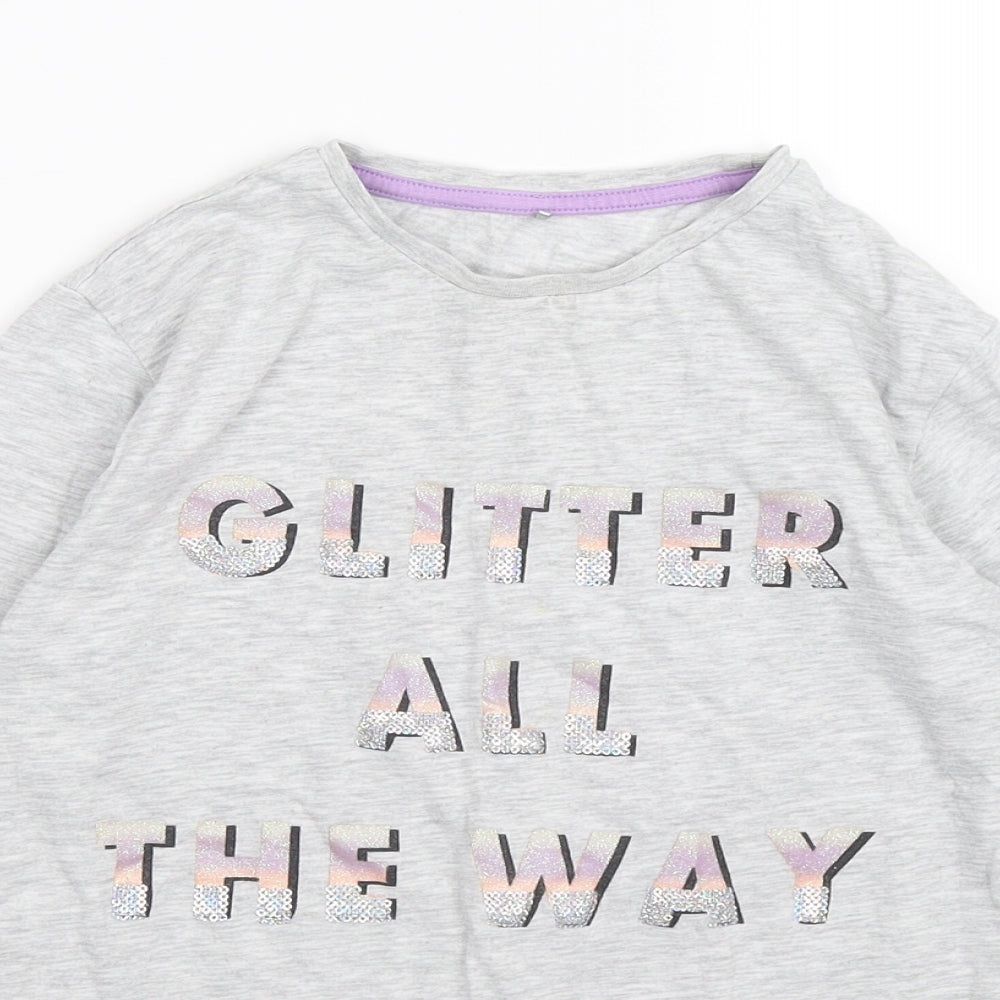 George Girls Grey   Basic T-Shirt Size 9-10 Years  - glitter all the way