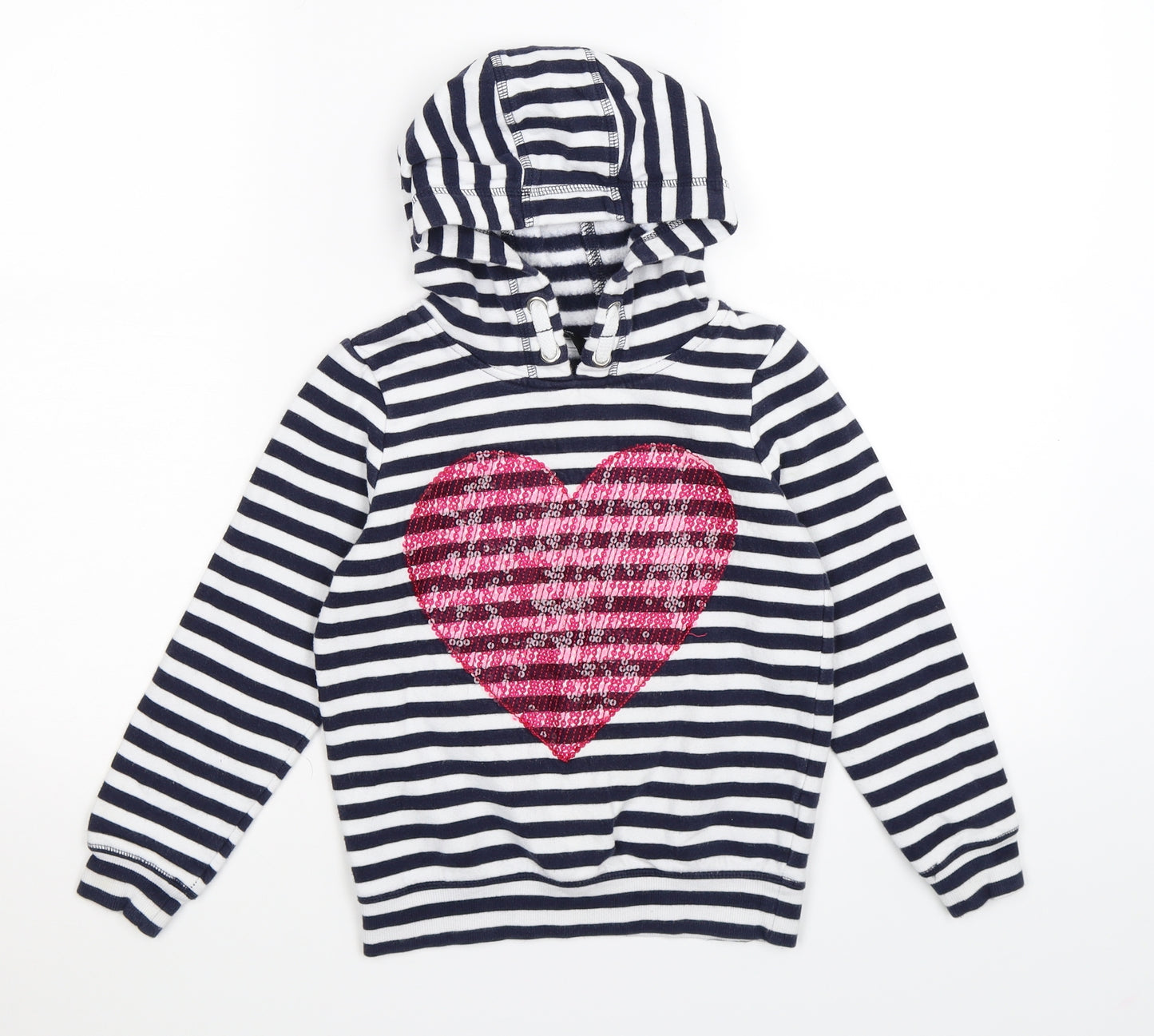 George Girls White Striped Jersey Pullover Hoodie Size 8-9 Years  - blue heart