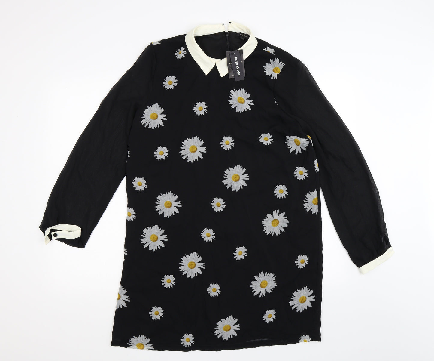 River Island Womens Black Floral Chiffon Shirt Dress  Size 14  - sunflowers