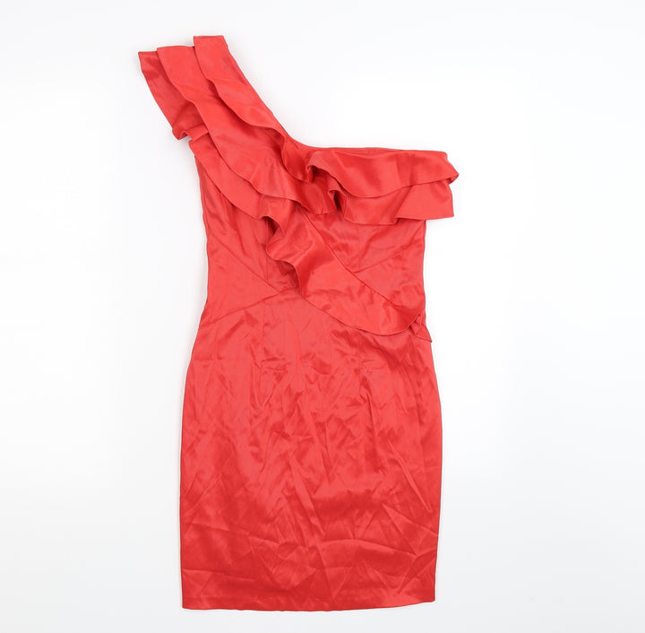 River Island Womens Red Striped Satin Bodycon Size 8 - RUFFLE, ONE SLEEVE