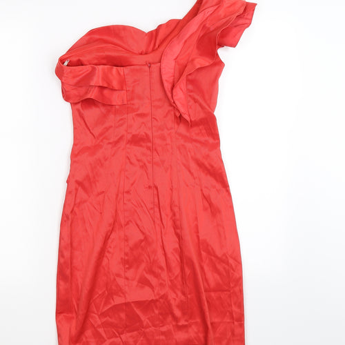 River Island Womens Red Striped Satin Bodycon  Size 8  - RUFFLE, ONE SLEEVE