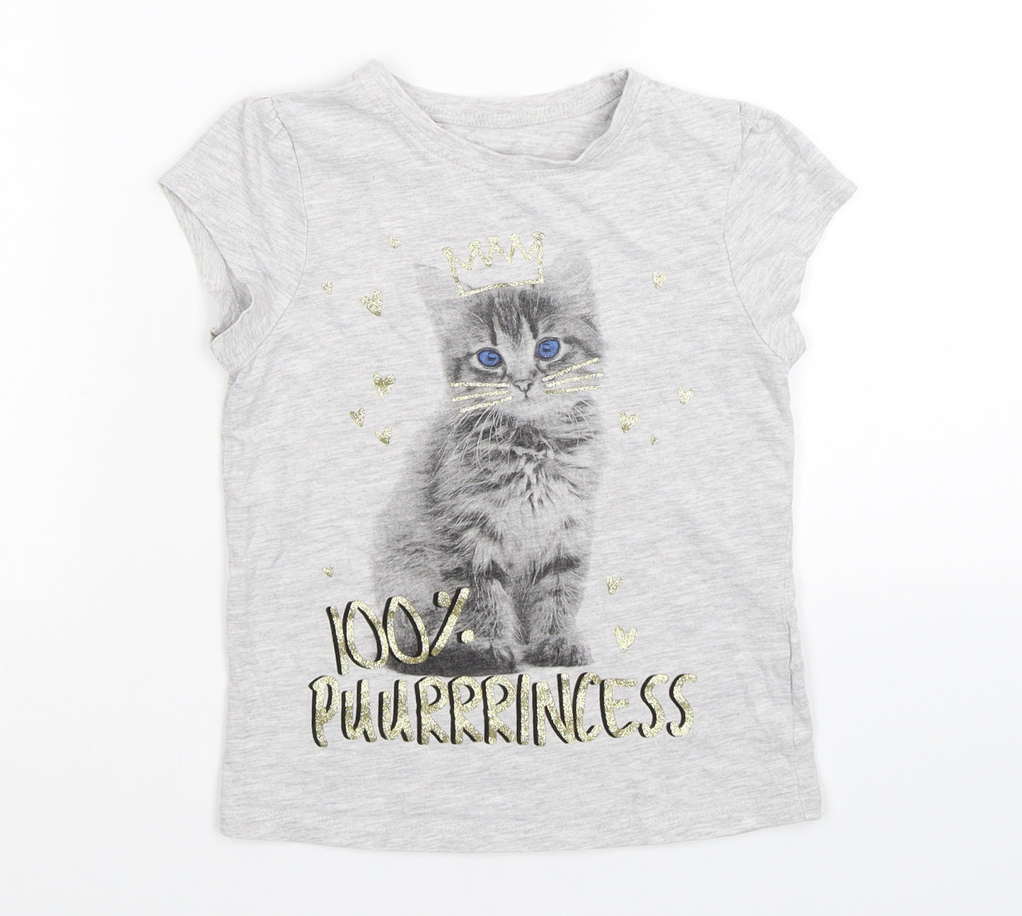 George Girls Grey   Basic T-Shirt Size 5-6 Years  - cat princess
