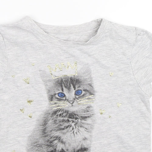 George Girls Grey   Basic T-Shirt Size 5-6 Years  - cat princess