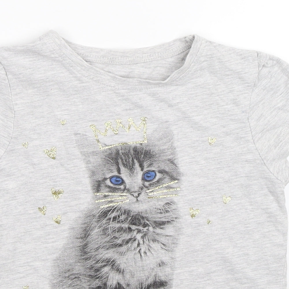 George Girls Grey   Basic T-Shirt Size 5-6 Years  - cat princess