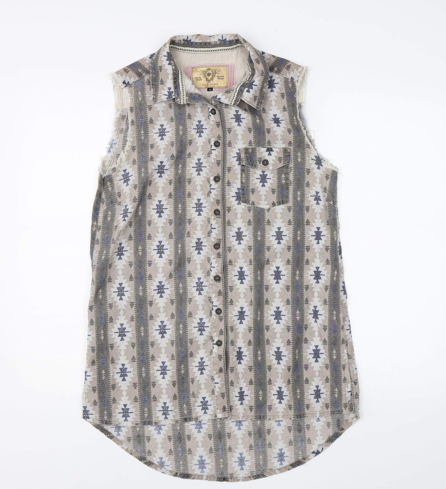 River Island Womens Grey Geometric  Basic Button-Up Size 12