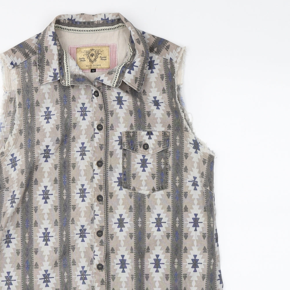 River Island Womens Grey Geometric  Basic Button-Up Size 12