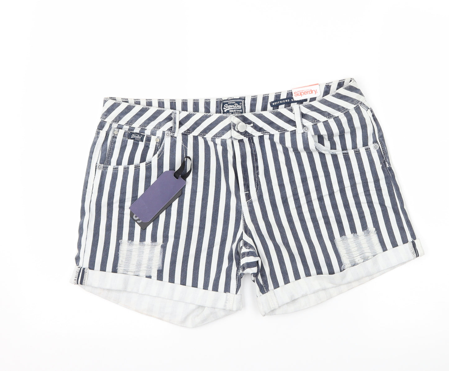 Superdry Womens Blue Striped Denim Mom Shorts Size 32 in - Distressed