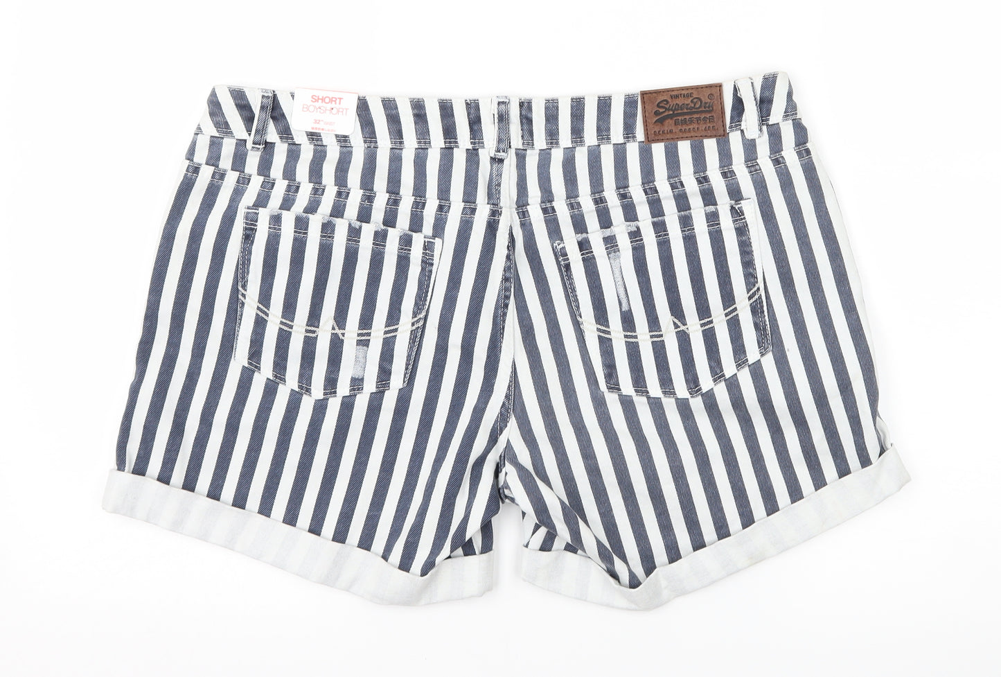 Superdry Womens Blue Striped Denim Mom Shorts Size 32 in - Distressed