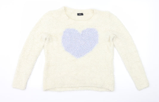 Front view of F&F women’s ivory jumper, size UK 10, - love heart