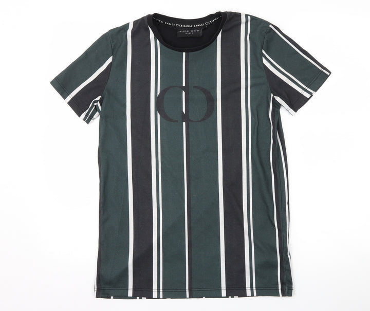 Criminal Damage Mens Green Striped T-Shirt Size XS