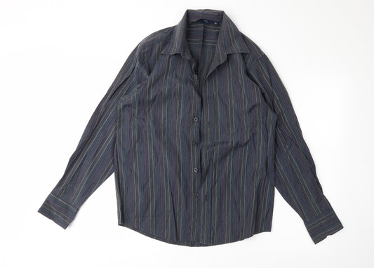 Front view of ben smith men’s grey polka dot button-up, size S