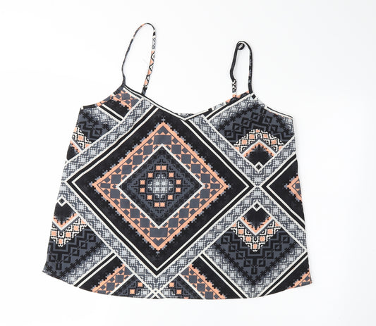 Front view of Miss Selfridge women’s black geometric camisole blouse, size UK 14