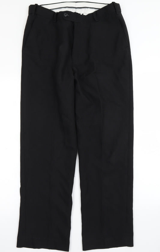 Front view of Skopes men’s black dress pants trousers, size S, 29-inch leg
