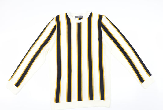 Front view of Primark men’s white striped knit jumper, size M