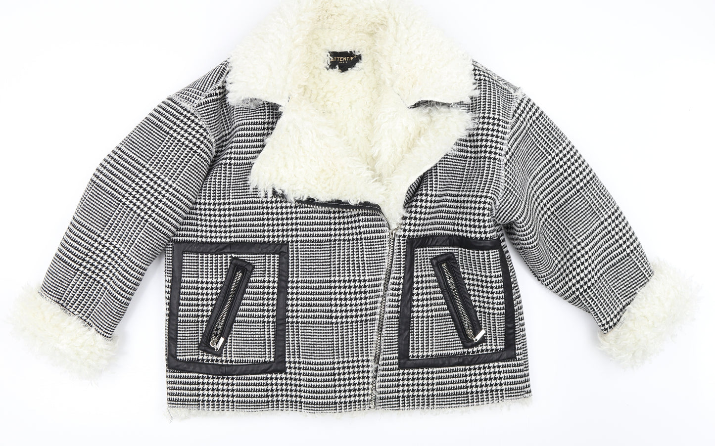 Attentif Womens Black Houndstooth  Biker Coat Size L
