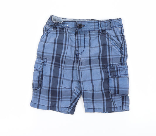 Front view of Preworn boys’ blue check cargo shorts, size 4-5, years