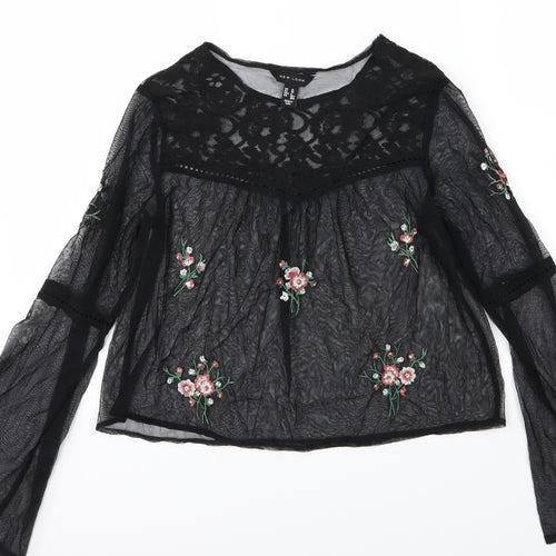 New Look Womens Black Floral Mesh Basic Blouse Size 10