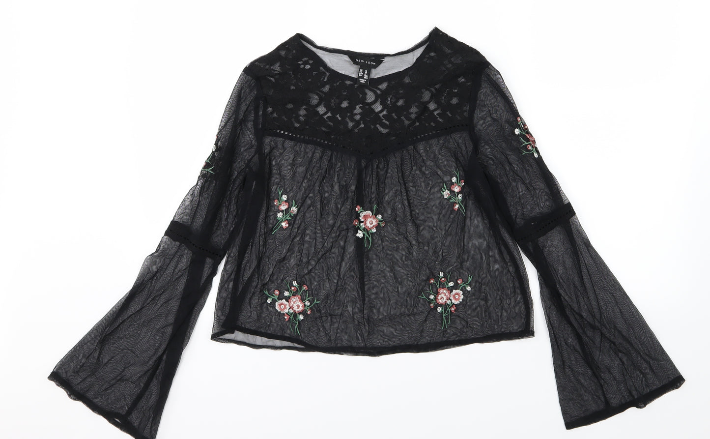 New Look Womens Black Floral Mesh Basic Blouse Size 10