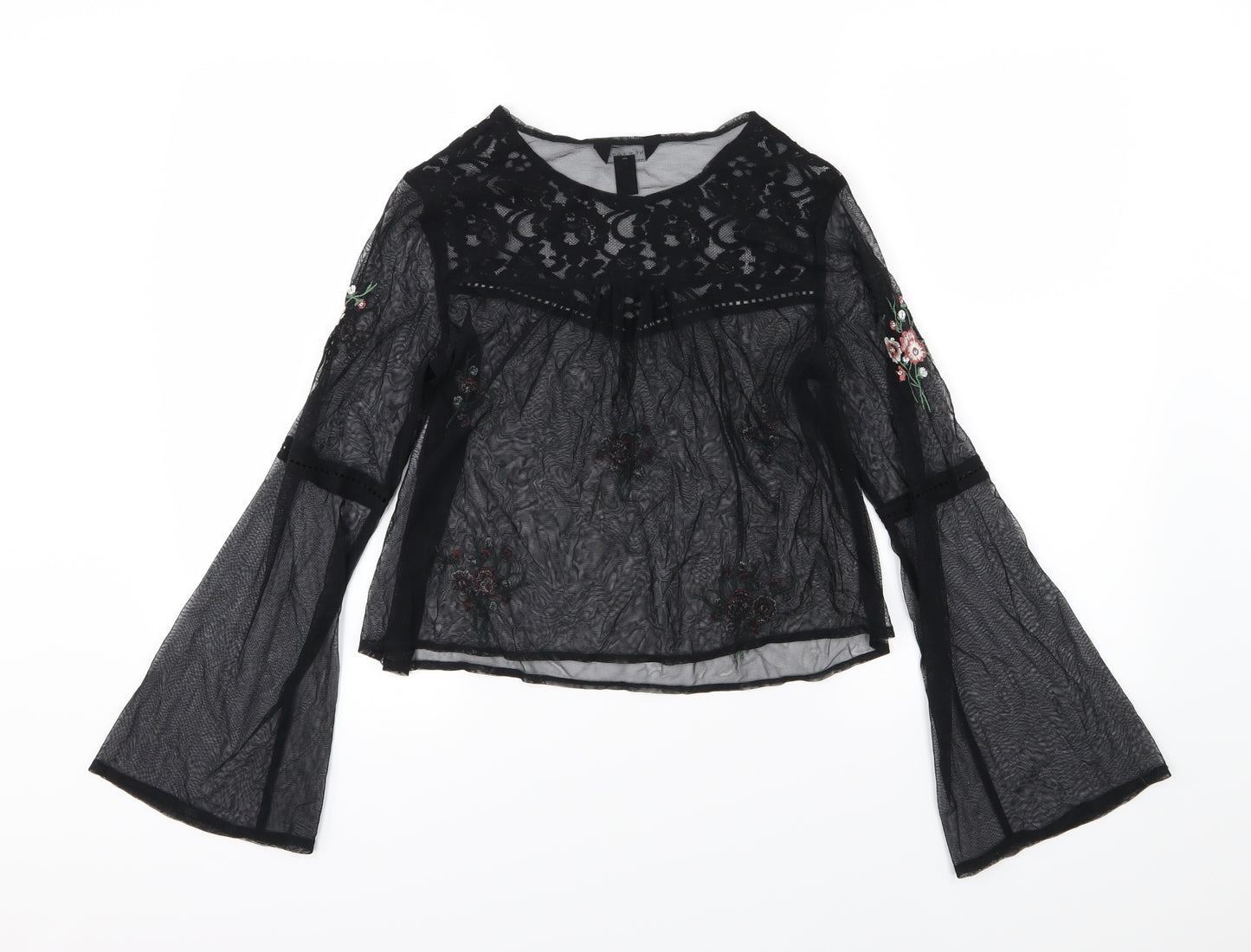 New Look Womens Black Floral Mesh Basic Blouse Size 10