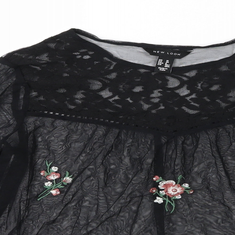 New Look Womens Black Floral Mesh Basic Blouse Size 10